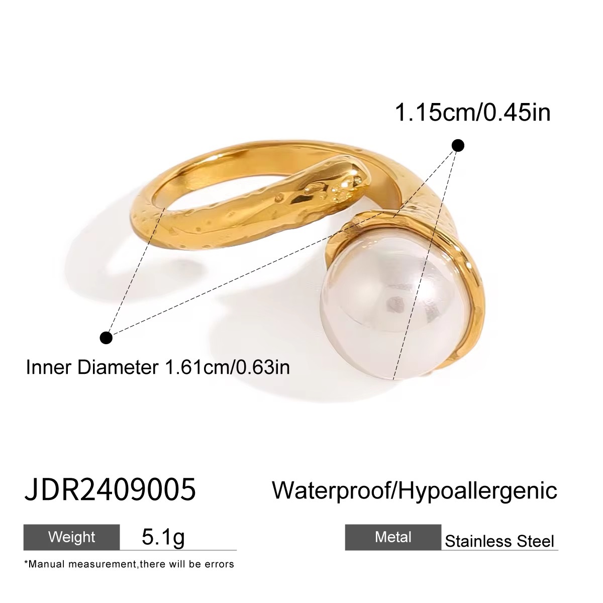 Ins Style Irregular Hammered Pearl Adjustable 18K Gold Plated Open Ring - additional view