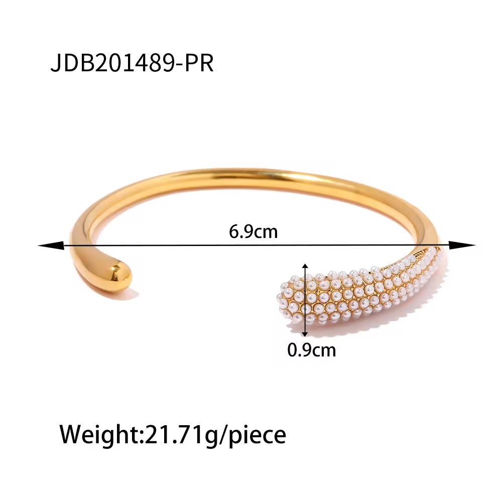 Pearl Inlaid Stainless Steel 18k Gold Plated Open Bangle Bracelet