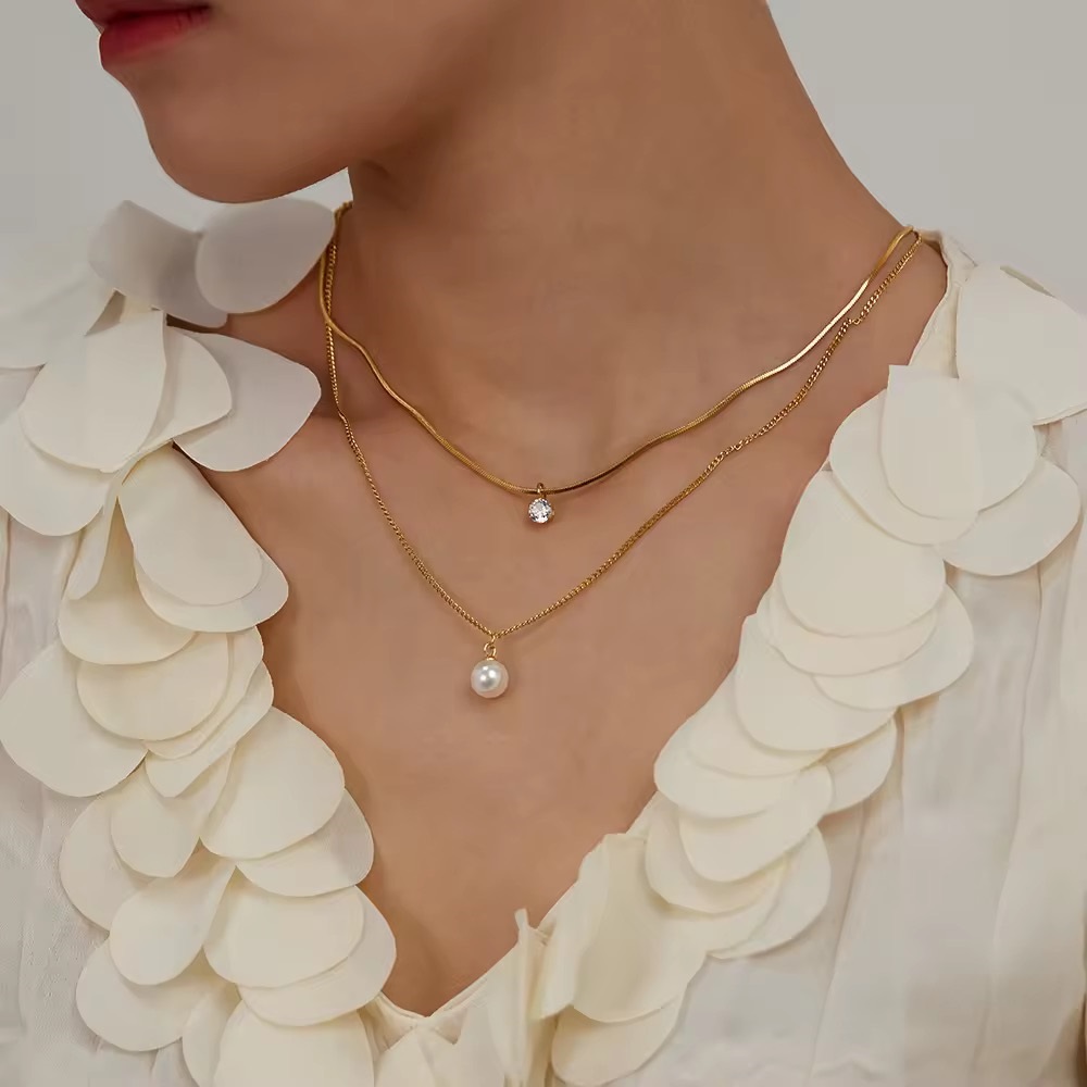 Golden Grace – Dual Layer 18K Gold Plated Pearl & Zircon Pendant Necklace