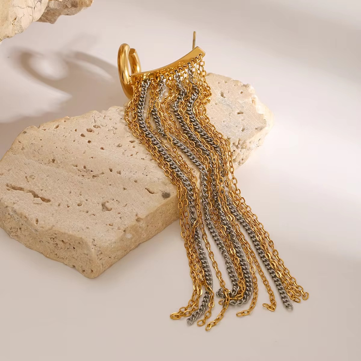  Two-Tone Chain Tassel Single Earring Clip-On Modern - additional view